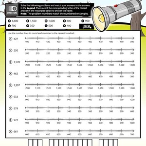 May include: Educational worksheet titled "Why did the boy bury his flashlight?" with number lines for rounding to the nearest hundred. Includes a legend and a riddle with numbered rectangles.