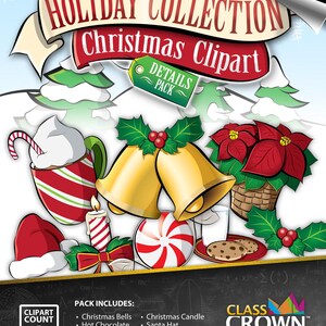 May include: A digital Christmas clipart collection featuring festive elements like bells, poinsettias, and Santa hats. The design includes a red and white striped mug of hot chocolate, a candy cane, and a peppermint candy. The pack includes 8 clipart images.
