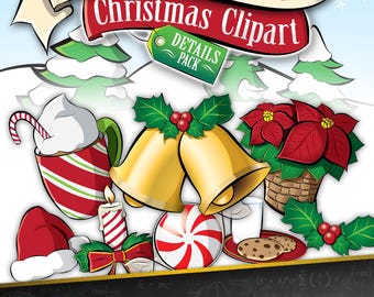 Christmas Clipart Bundle: Details Pack (8 Color Pieces, 8 BW/Line Art Pieces)