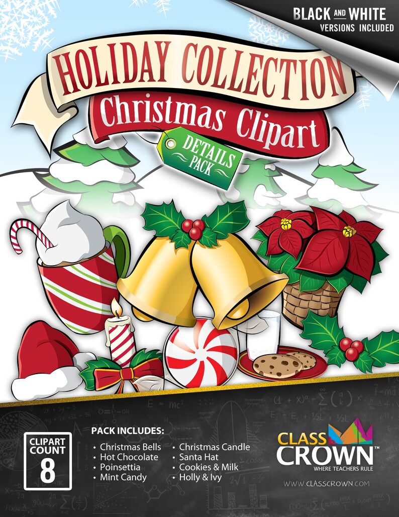 May include: A digital Christmas clipart collection featuring festive elements like bells, poinsettias, and Santa hats. The design includes a red and white striped mug of hot chocolate, a candy cane, and a peppermint candy. The pack includes 8 clipart images.