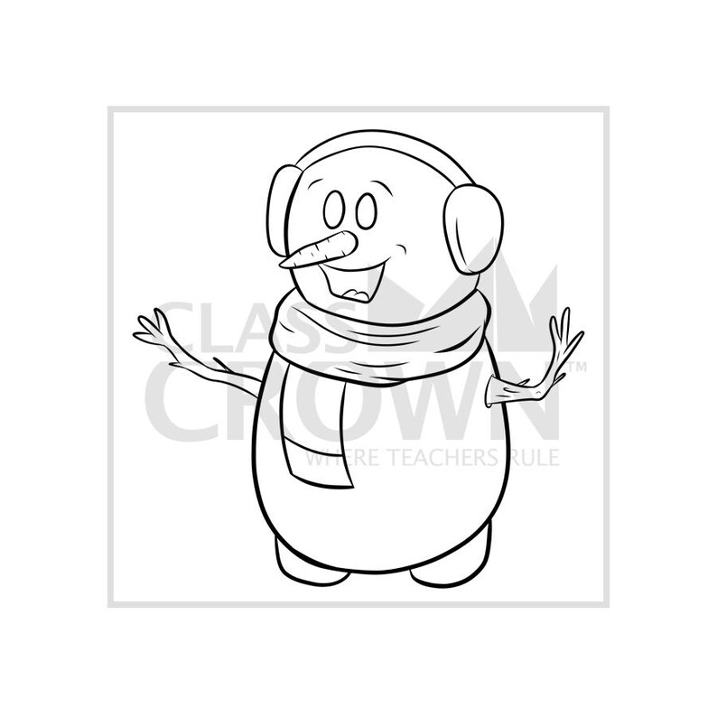 May include: Black and white illustration of a snowman wearing earmuffs, a scarf, and a carrot nose. The snowman has stick arms and is smiling. The image has the text "CLASS CROWN WHERE TEACHERS RULE".