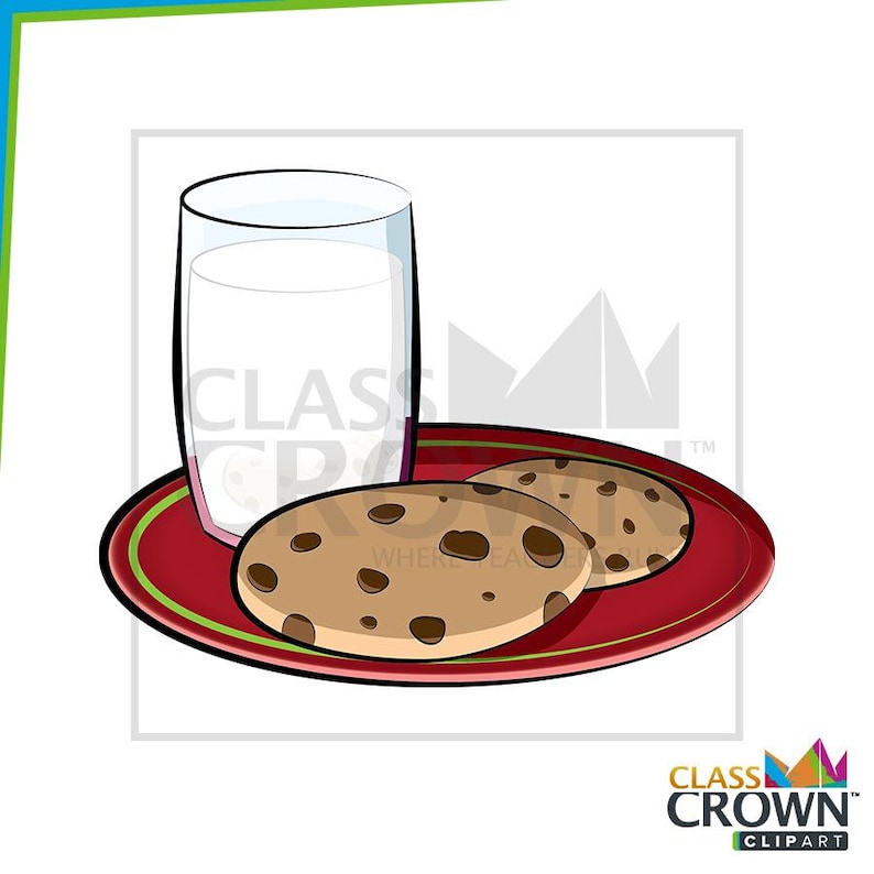 May include: A cartoon illustration of a glass of milk, two chocolate chip cookies, and a red plate with a green border. The cookies are round and have dark brown chocolate chips.