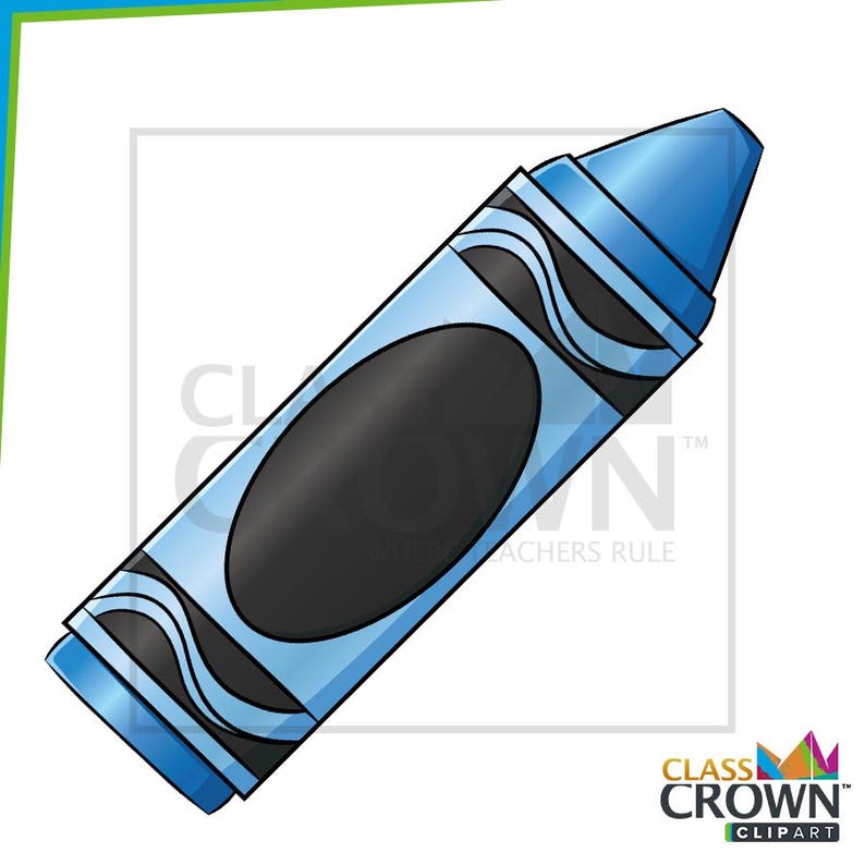 May include: A blue crayon with a black oval in the center. The crayon has a light blue body with dark blue accents and a pointed tip. The image includes the text "CLASS CROWN CLIPART".