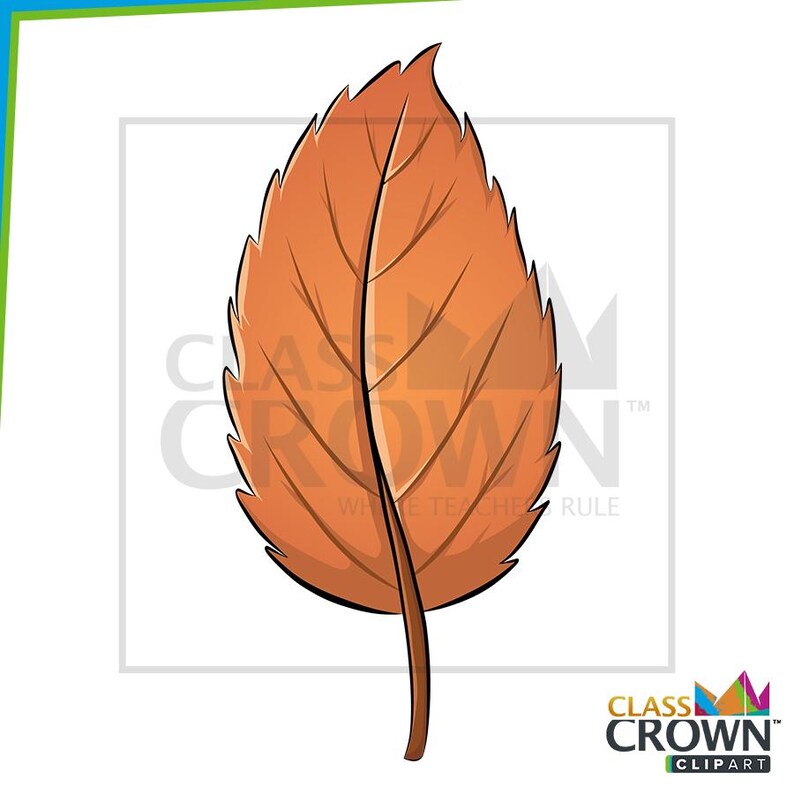May include: A cartoon illustration of a single autumn leaf. The leaf is a warm orange color with darker brown veins and a stem. The image has a white background and the text "CLASS CROWN CLIPART".