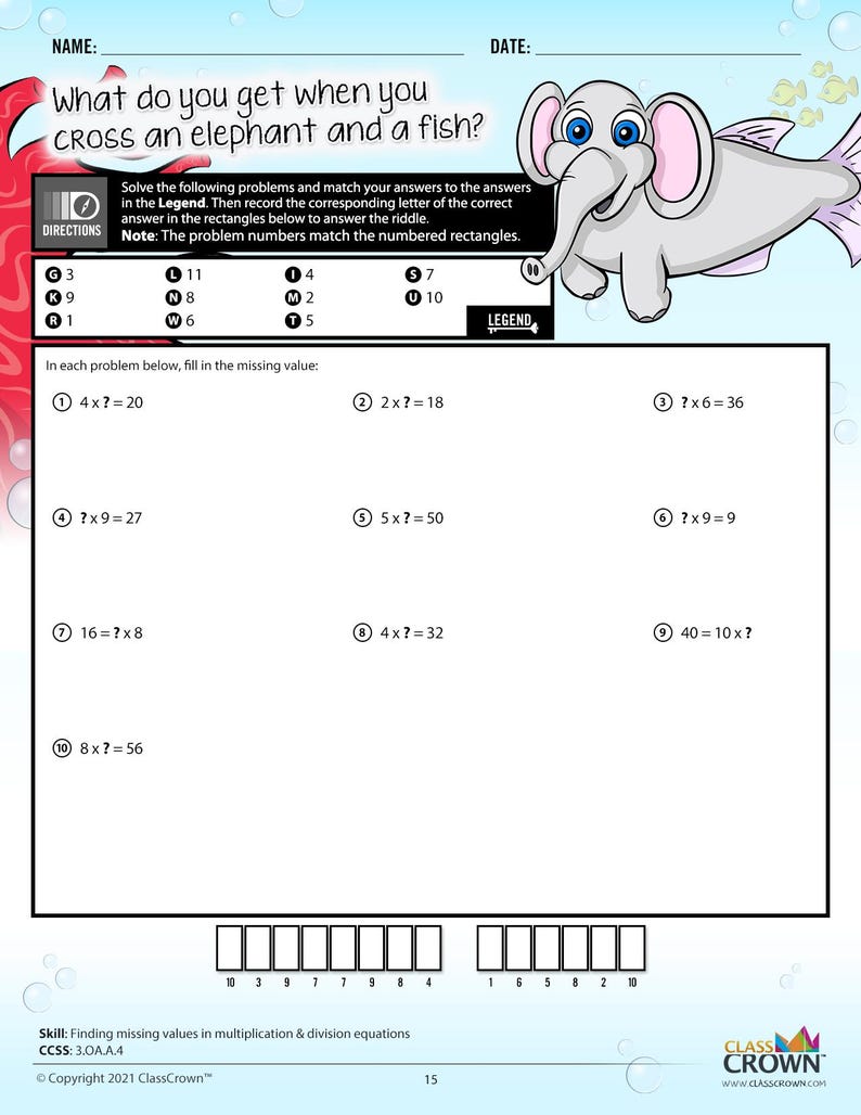 May include: A worksheet with math problems, featuring an elephant-fish hybrid cartoon. The title reads, "What do you get when you cross an elephant and a fish?" Students solve equations to answer a riddle. The worksheet is designed for educational purposes.