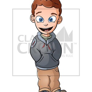 Puede incluir: Ilustraci&oacute;n de dibujos animados de una persona sonriente con cabello casta&ntilde;o y ojos azules. La persona lleva una sudadera con capucha gris con cremallera roja, una camisa verde y pantalones color canela. La imagen tiene el texto "CLASSIC CROWN" y "WEIRD COLORS RULE".