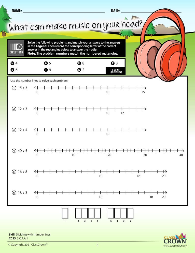 May include: A worksheet with the title "What can make music on your head?" features math problems using number lines. A pair of orange headphones is in the upper right corner. The worksheet includes a legend and a riddle.
