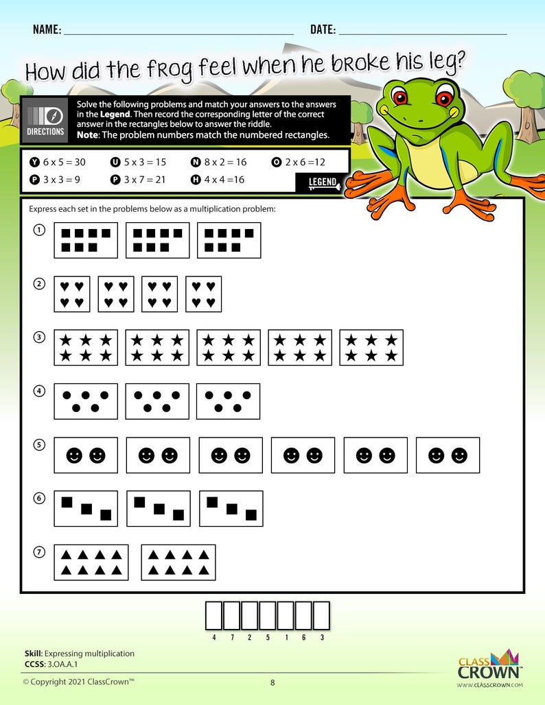 May include: A worksheet with the title "How did the frog feel when he broke his leg?" features multiplication problems and a frog illustration. The worksheet includes a legend and directions for solving the problems.