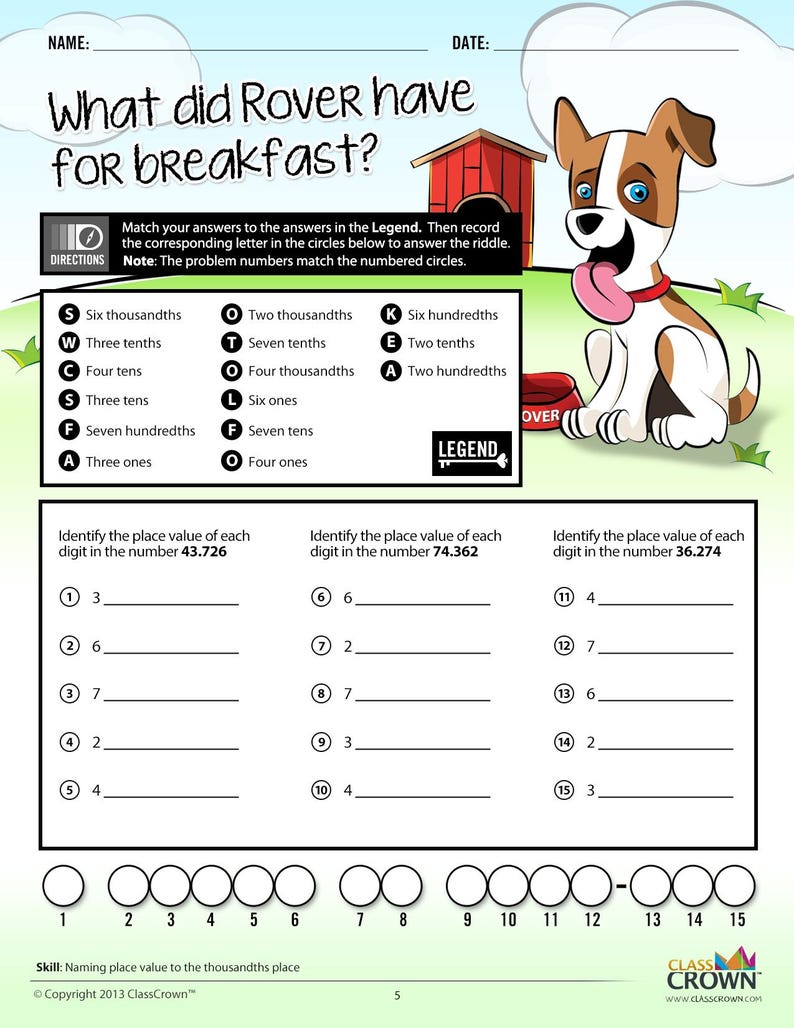 May include: Educational worksheet titled "What did Rover have for breakfast?" featuring a cartoon dog and a dog house. The worksheet includes math problems identifying place values, with a legend for answers. The text "ClassCrown" is visible.