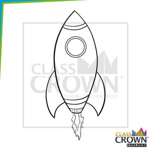 May include: Black and white line art illustration of a rocket ship with flames. The rocket has a circular window and fins. The text "CLASS CROWN" and "WHERE TEACHERS RULE" is visible.