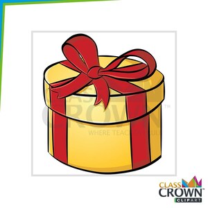May include: A cartoon illustration of a round gift box with a red bow and ribbon on a white background. The box is yellow with red vertical stripes. The text "CLASS CROWN CLIPART" is in the bottom right corner.