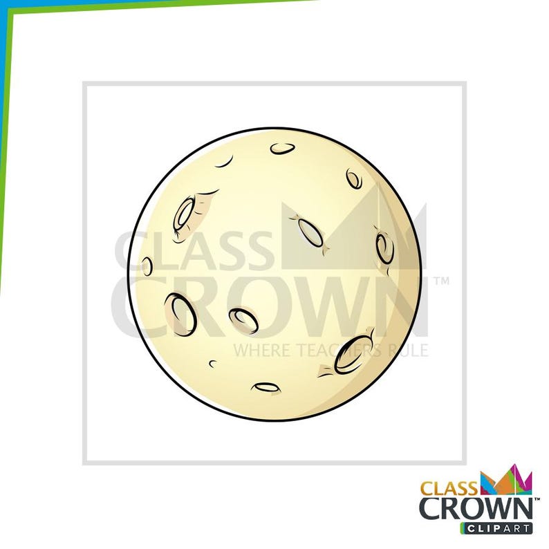 May include: A cartoon illustration of a full moon with a light yellow color and black craters. The moon has a black outline and is set against a white background. The text "CLASS CROWN" is partially visible.