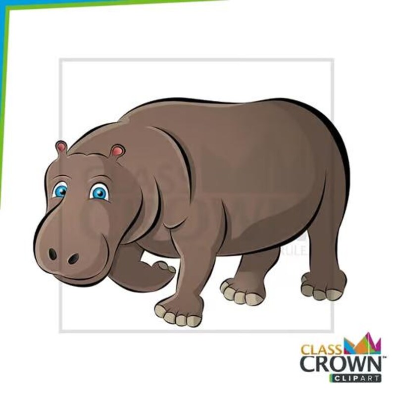 May include: A cartoon illustration of a hippopotamus in shades of brown, with blue eyes and pink ears. The hippo is depicted walking forward, with its legs and feet visible. The image has a white background and a logo in the bottom right corner.