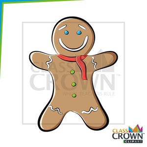 May include: A gingerbread man illustration with a smiling face, blue eyes, and a red scarf. The gingerbread man has three green buttons and white icing details. The image is a digital clipart.