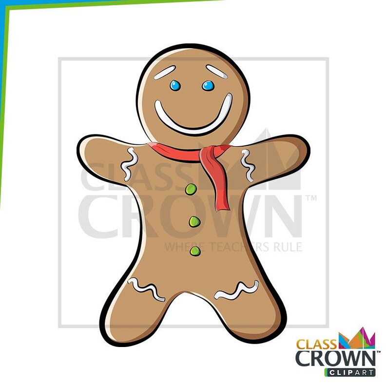 May include: A gingerbread man illustration with a smiling face, blue eyes, and a red scarf. The gingerbread man has three green buttons and white icing details. The image is a digital clipart.