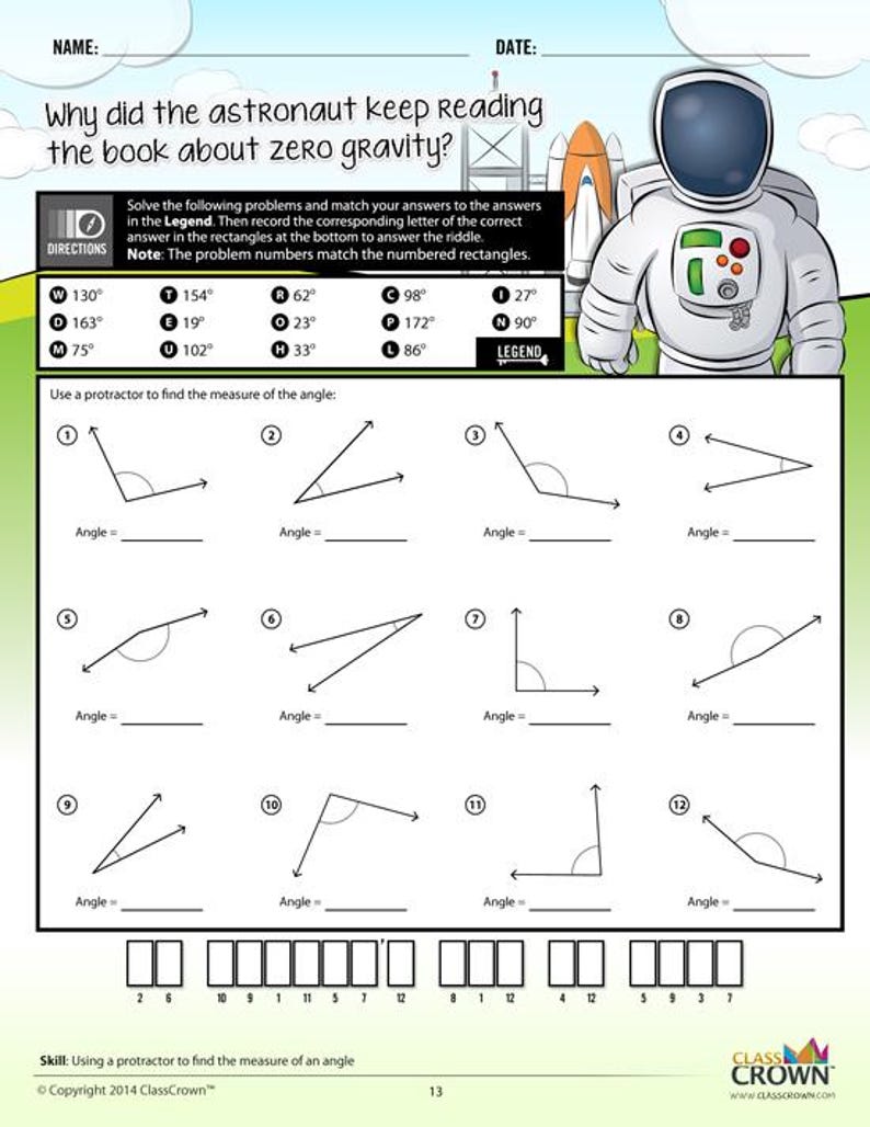 May include: A white worksheet with geometry problems. The title reads, "Why did the astronaut keep reading the book about zero gravity?" Includes a legend with angle measurements and a cartoon astronaut.