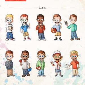 Puede incluir: Una ilustraci&oacute;n digital titulada "KIDS CLIPART ESSENTIALS PACK" con ni&ntilde;os de dibujos animados en varias poses. Los ni&ntilde;os se representan con diferentes tonos de piel, peinados y ropa, sosteniendo objetos como libros, una pelota de baloncesto y un bate de b&eacute;isbol.