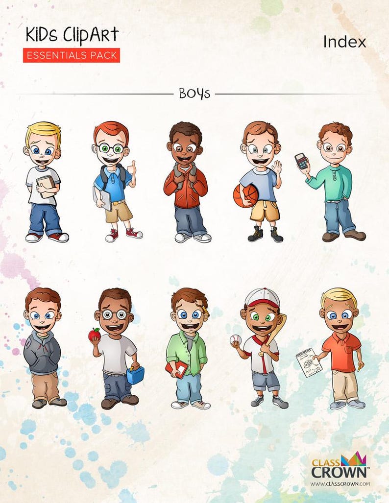 Puede incluir: Una ilustraci&oacute;n digital titulada "KIDS CLIPART ESSENTIALS PACK" con ni&ntilde;os de dibujos animados en varias poses. Los ni&ntilde;os se representan con diferentes tonos de piel, peinados y ropa, sosteniendo objetos como libros, una pelota de baloncesto y un bate de b&eacute;isbol.