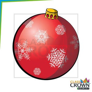 May include: A red Christmas ornament with white snowflake designs. The ornament has a gold cap and a black outline. The image is a digital illustration, perfect for holiday-themed crafts and decorations.
