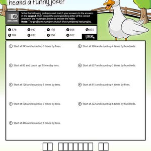 May include: A maths worksheet titled "What did the duck do when he heard a funny joke?" with a cartoon duck illustration. The problems involve counting in steps of five, ten, and one hundred. The worksheet is designed for educational use.
