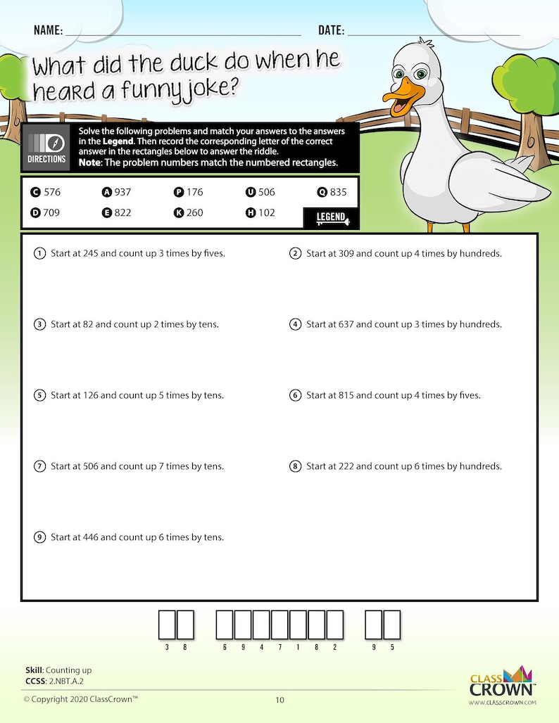 May include: A maths worksheet titled "What did the duck do when he heard a funny joke?" with a cartoon duck illustration. The problems involve counting in steps of five, ten, and one hundred. The worksheet is designed for educational use.