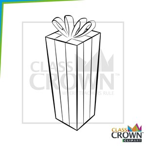 May include: Black and white illustration of a tall gift box with a bow on top. The box has vertical stripes and is labeled with the text "CLASS CROWN CLIPART" and "WHERE TEACHERS RULE".
