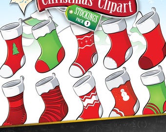 Christmas Stockings Clipart Bundle Pack (10 Color, 14 BW/Line Art)