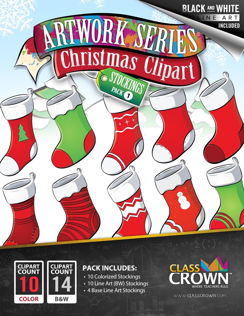 May include: A digital artwork series featuring Christmas clipart. The image showcases a collection of ten colorful Christmas stockings with various designs, including a Christmas tree and a snowman. The text "Artwork Series Christmas Clipart" is displayed at the top.
