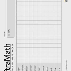 May include: A white XtraMath monthly progress tracker with a grid for tracking progress. The tracker includes space for a name and goal, with months from August to June listed along the bottom. The ClassCrown logo is in the upper right corner.