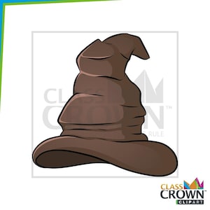 以下が含まれることがあります： 茶色の漫画のイラストで、魔法使いの帽子です。帽子は濃い茶色で、つばが広く、先が尖っています。画像には「CLASS CROWN CLIPART」というテキストが含まれています。