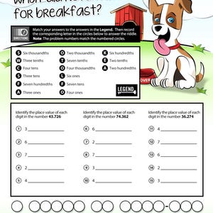 May include: Educational worksheet titled "What did Rover have for breakfast?" featuring a cartoon dog and a red dog house. The worksheet includes math problems identifying place values, with a legend for answers.