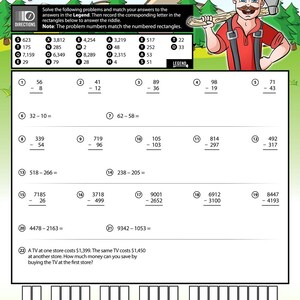 May include: A maths worksheet featuring subtraction problems and a riddle. The title asks, "Why were the trees tired of the lumberjack?" A cartoon lumberjack with an axe is in the top right. The worksheet is designed for primary school students.
