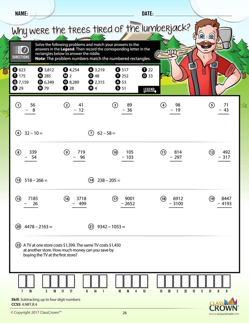 May include: A maths worksheet featuring subtraction problems and a riddle. The title asks, "Why were the trees tired of the lumberjack?" A cartoon lumberjack with an axe is in the top right. The worksheet is designed for primary school students.