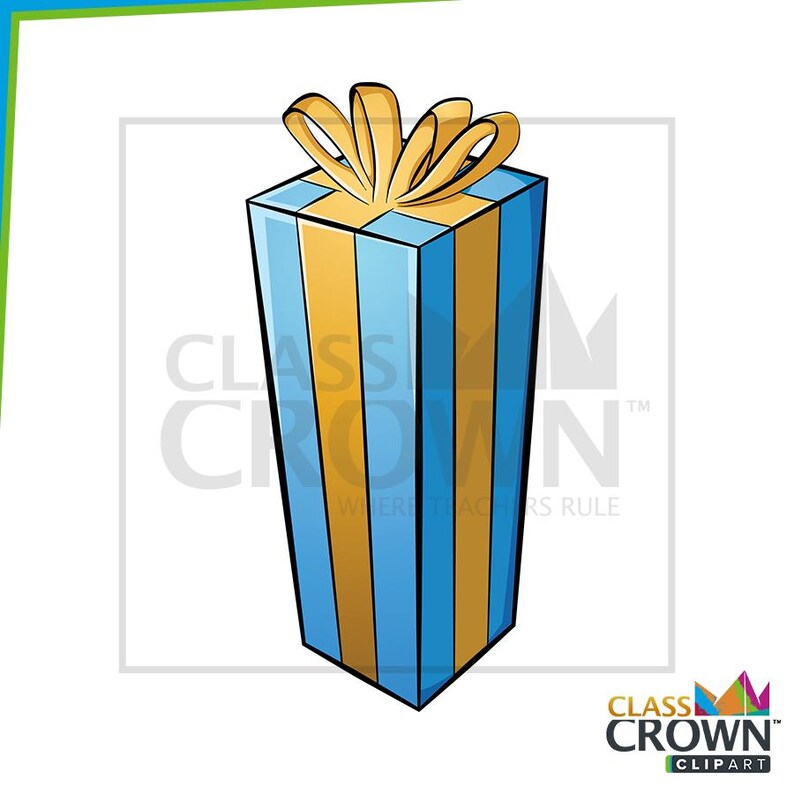 May include: A tall, rectangular gift box with alternating vertical stripes of blue and gold. The top of the box is gold, and it is tied with a gold bow. The image includes the text "CLASS CROWN CLIPART".