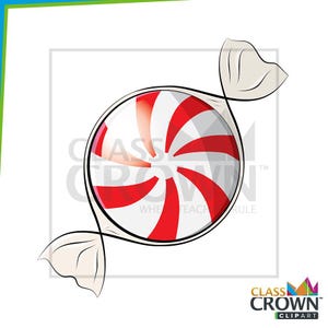 May include: A wrapped hard candy with red and white stripes. The candy is round and has a white wrapper with a twist on each end. The image has the text "CLASS CROWN CLIPART".