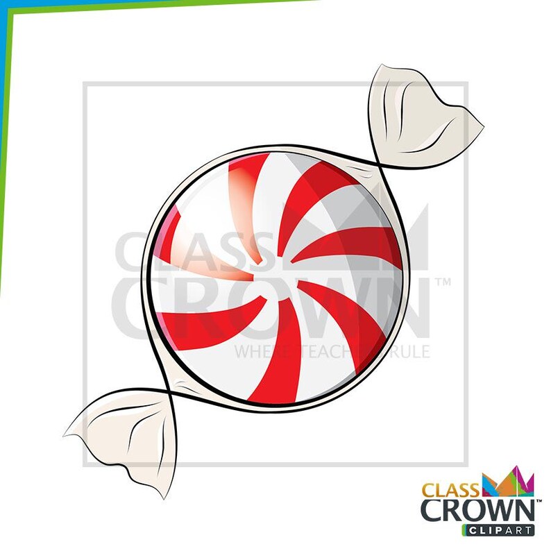 May include: A wrapped hard candy with red and white stripes. The candy is round and has a white wrapper with a twist on each end. The image has the text "CLASS CROWN CLIPART".