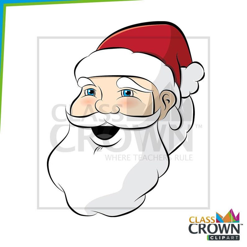 May include: A cartoon illustration of Santa Claus's face. He has a red hat with white trim, a white beard and mustache, and rosy cheeks. The image includes the text "CLASS CROWN CLIPART" and "WHERE TEACHERS RULE".