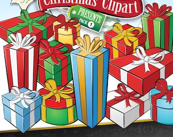 Christmas Presents Clipart Bundle Pack (12 Color Pieces, 4 BW/Line Art Pieces)