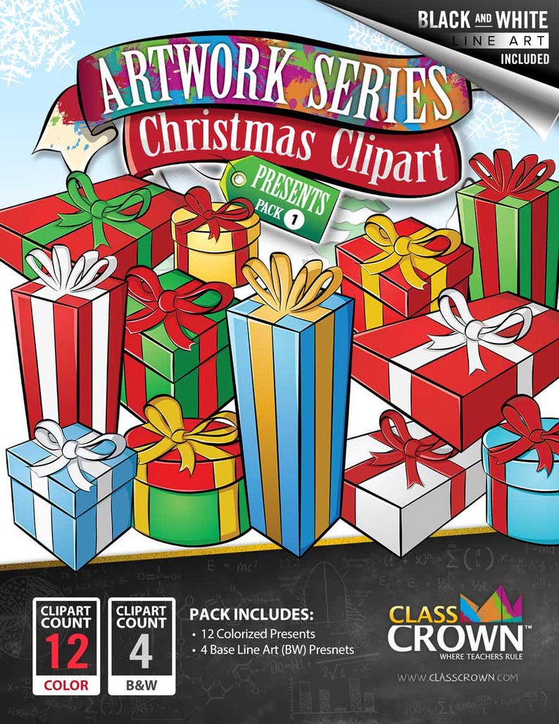 May include: Artwork Series Christmas Clipart pack featuring colorful and black and white line art presents. The image includes 12 colorized presents and 4 base line art presents. The presents are in various colors with ribbons and bows.