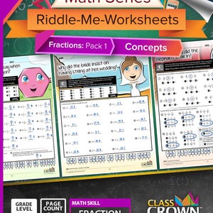 May include: A colorful educational worksheet pack titled "Math Series Riddle-Me-Worksheets" for grades 4-7. The pack focuses on fraction concepts and includes 15 pages. The cover features cartoon illustrations and the text "Fractions: Pack 1 Concepts".