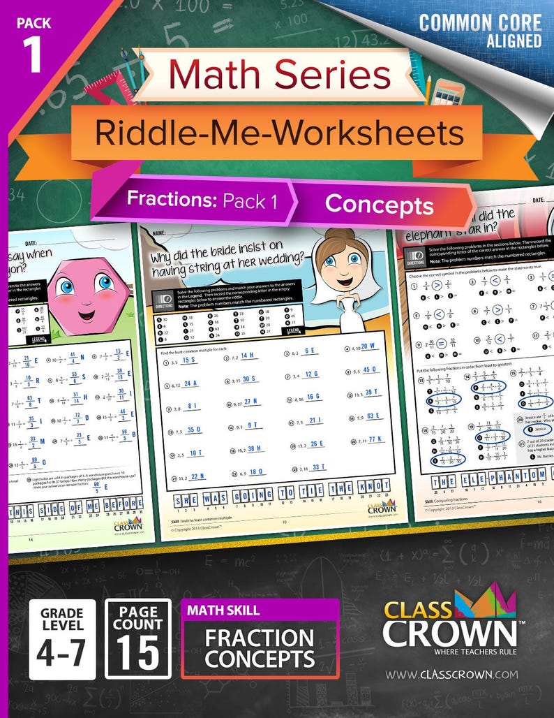 May include: A colorful educational worksheet pack titled "Math Series Riddle-Me-Worksheets" for grades 4-7. The pack focuses on fraction concepts and includes 15 pages. The cover features cartoon illustrations and the text "Fractions: Pack 1 Concepts".