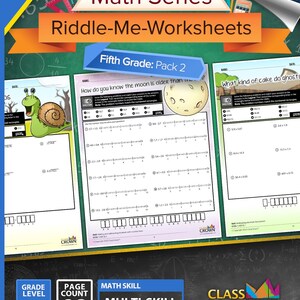 May include: A pack of fifth-grade math worksheets titled "Riddle-Me-Worksheets" with a green snail graphic. The pack includes 30 pages of multi-skill math problems aligned with Common Core standards. The worksheets are from Class Crown.