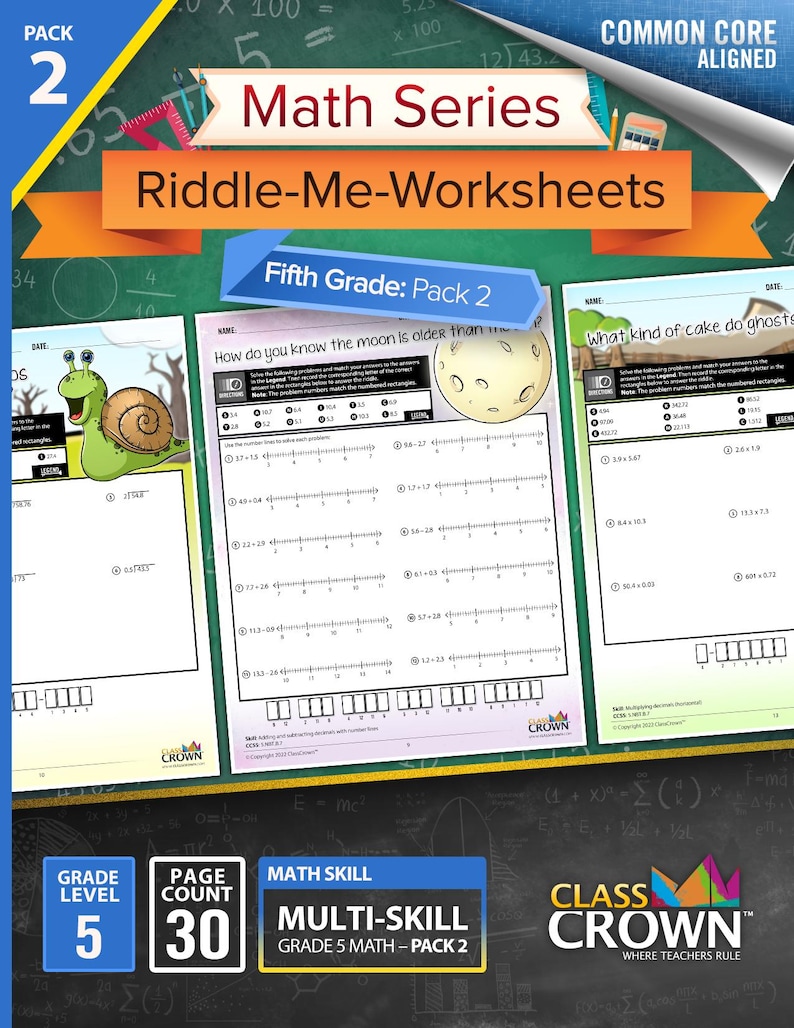 May include: A pack of fifth-grade math worksheets titled "Riddle-Me-Worksheets" with a green snail graphic. The pack includes 30 pages of multi-skill math problems aligned with Common Core standards. The worksheets are from Class Crown.