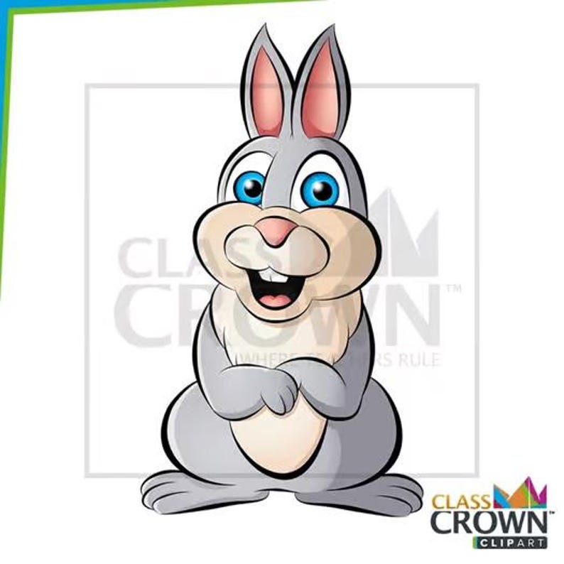 Pu&ograve; includere: Illustrazione di un cartone animato di un coniglio grigio con occhi blu, orecchie e naso rosa e un'espressione sorridente. Il coniglio &egrave; in piedi con le zampe giunte. L'immagine include il testo "CLASS CROWN CLIPART".