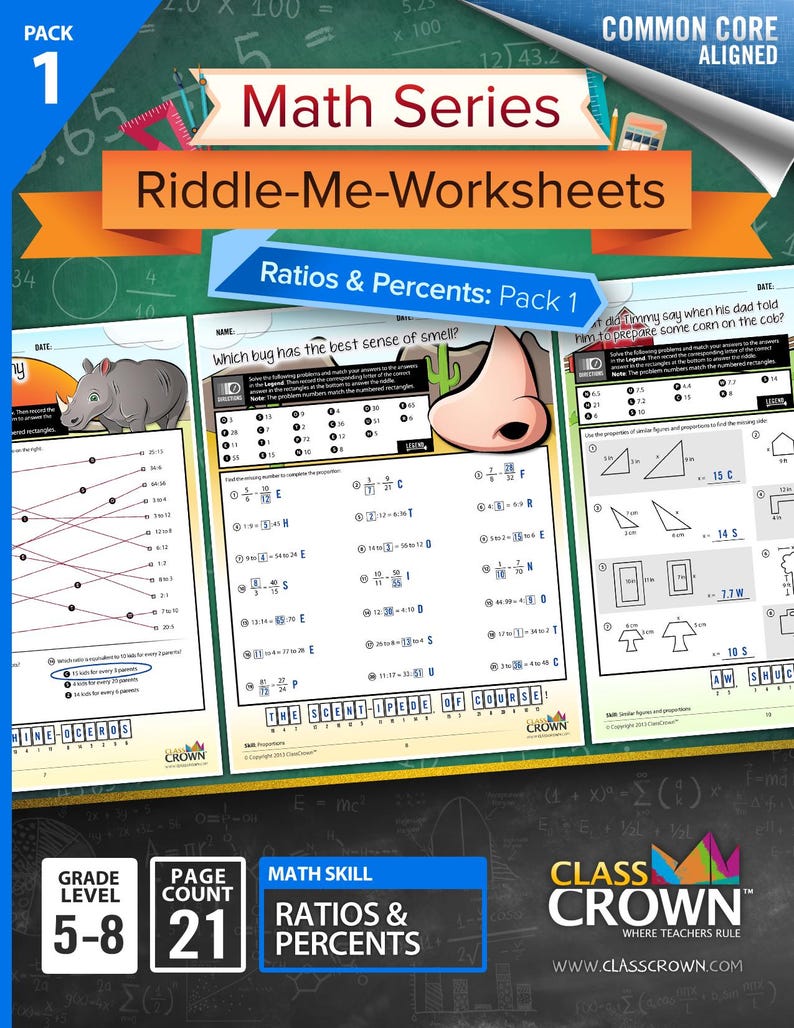K&ouml;nnte beinhalten: Ein Mathe-Arbeitsblatt-Paket mit dem Titel "Riddle-Me-Worksheets" f&uuml;r die Klassen 5-8, mit Schwerpunkt auf Verh&auml;ltnissen und Prozents&auml;tzen. Das Cover zeigt den Text "Math Series" und "Ratios & Percents: Pack 1". Das Paket enth&auml;lt 21 Seiten.