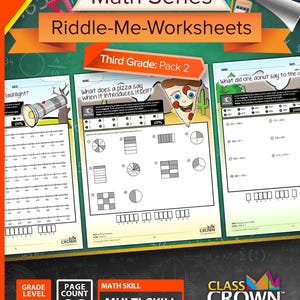 May include: A pack of three third-grade math worksheets titled "Riddle-Me-Worksheets" with a pizza slice graphic. The worksheets are part of the "Math Series" and include multi-skill problems. The pack contains 30 pages and is aligned with Common Core standards.