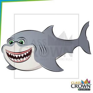 May include: Cartoon illustration of a smiling shark with a gray body, white belly, and a wide grin revealing sharp teeth. The shark has green eyes and is set against a white background. The image includes the text "CLASS CROWN CLIPART".