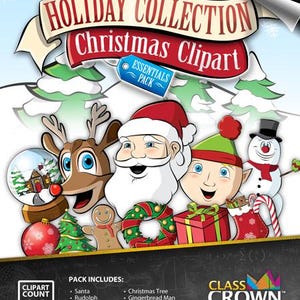May include: A colorful Christmas clipart collection featuring Santa, Rudolph, an elf, a snowman, and other holiday elements. Includes a snow globe, tree ornament, and gingerbread man. The pack includes 12 clipart images.