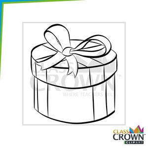 May include: Black and white line art illustration of a round gift box with a large bow on top. The box has vertical stripes and the text "WHERE TEACHERS RULE" is visible.