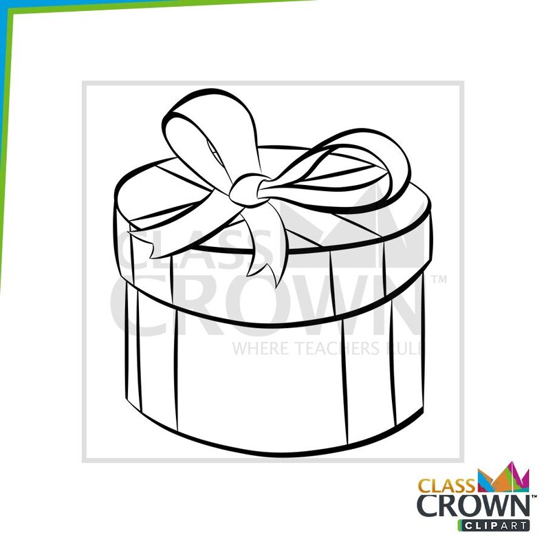 May include: Black and white line art illustration of a round gift box with a large bow on top. The box has vertical stripes and the text "WHERE TEACHERS RULE" is visible.